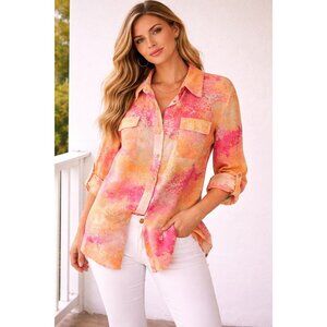 JM Collection Multi Colored 100% Linen 3/4 Sleeve Collared Blouse Size 16 Casual